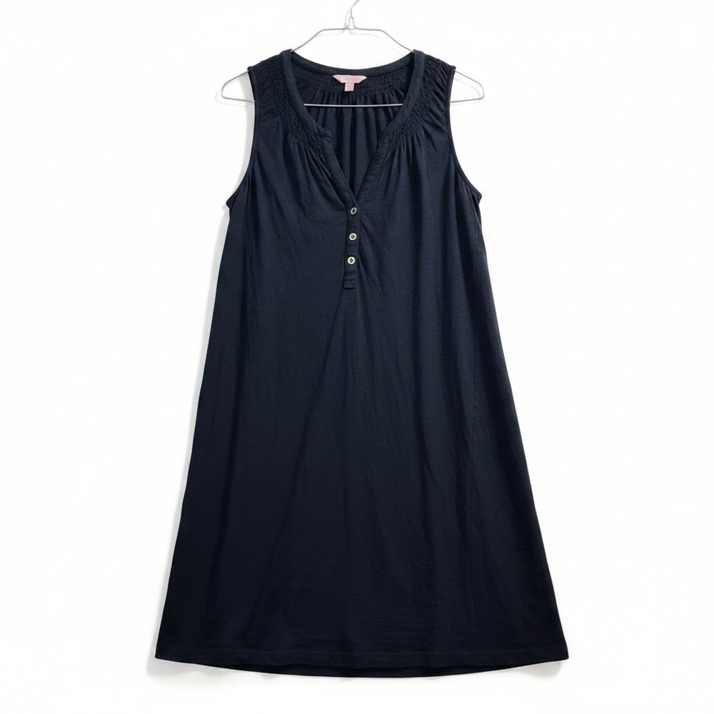 Women Lilly Pulitzer Sleeveless Shift Dress L Navy Smocked Henley V-Neck